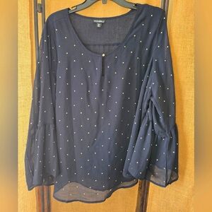 Women's Navy Blue Roz & Ali Sheer Layer Bell Cuff Rhinestone Top Size 2X